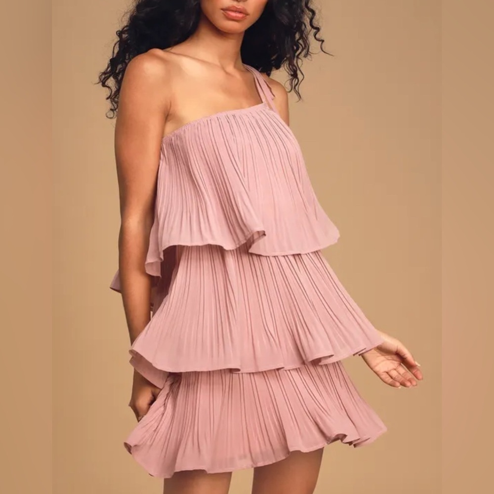 Lulus Dusty Pink Blowing Kisses Pleated One Shoulder Mini Dress Size Large NWT